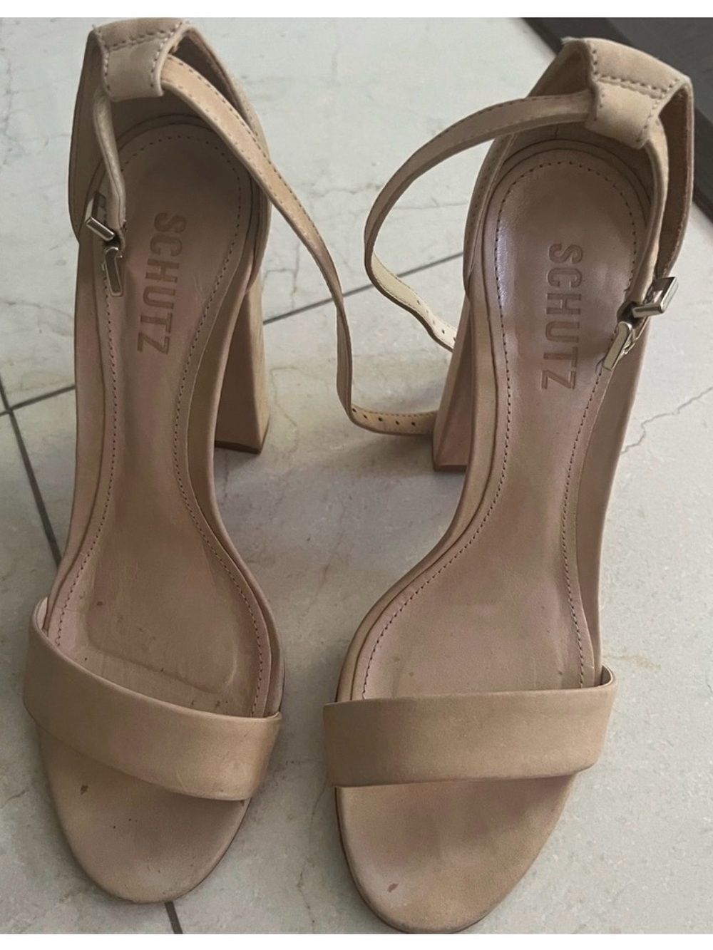SCHUTZ Beige Ankle-Strap Block Heel Sandals